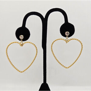 Heart Earrings Goldtone Rope Texture Rhinestone Dangle Maximalist Kawaii Twee 2"